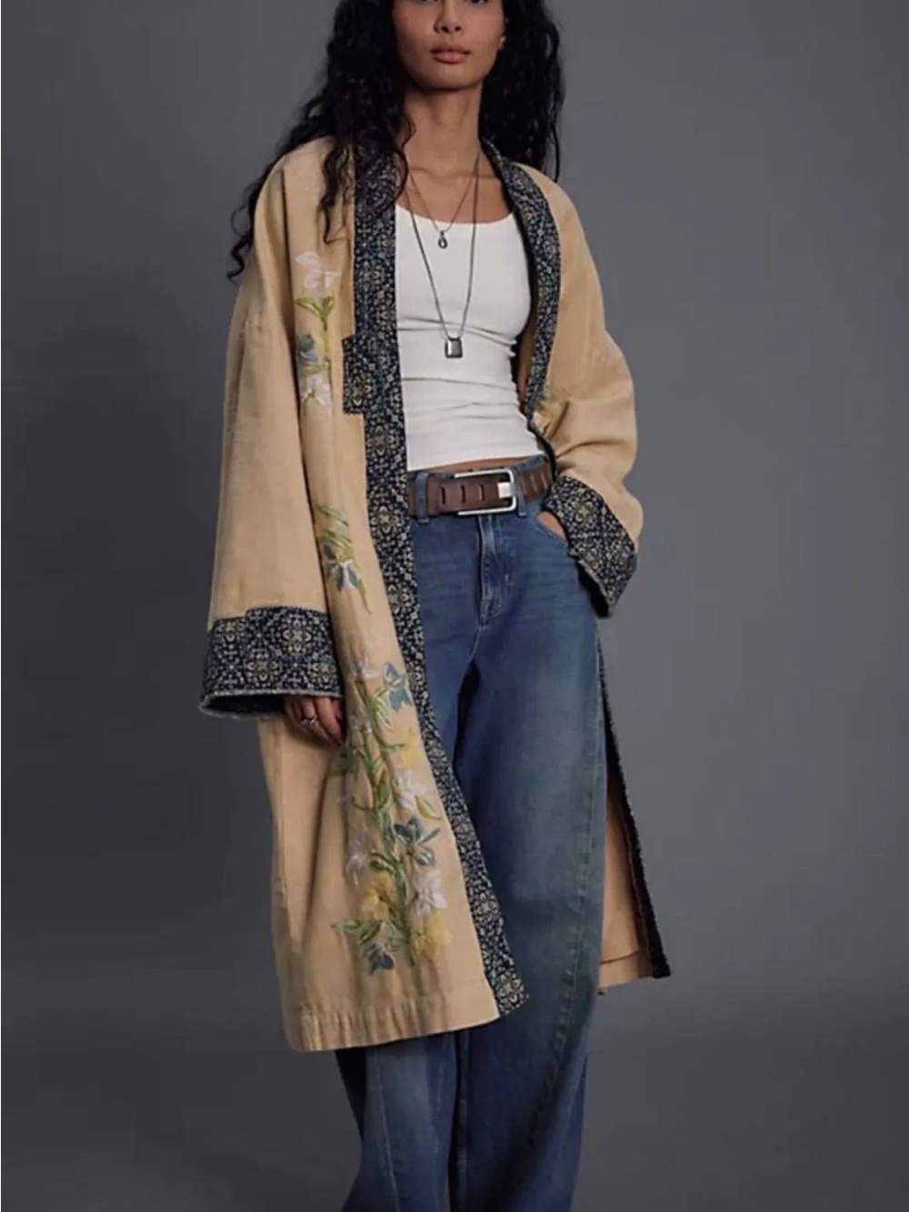 Free People Beige Henlow Embroidered Duster
